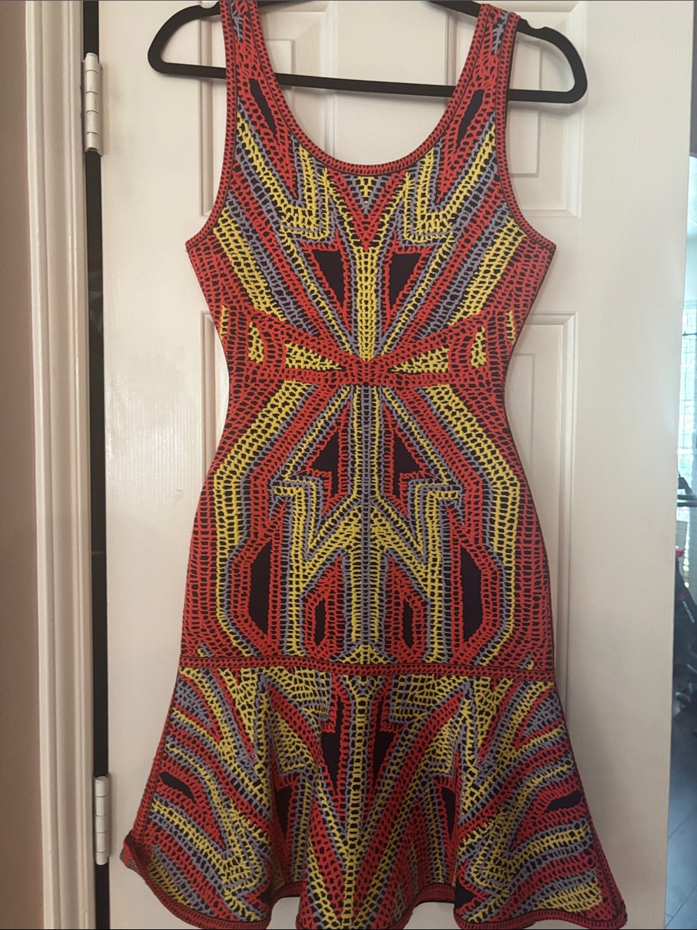 Sleeveless Geometric Mini Dress in Red, Yellow & Black-designer brand from paris